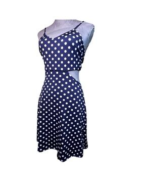 DEE ELLY Polka Dot Cut Out Mini Dress Medium Navy White Flowy Summer Y2K